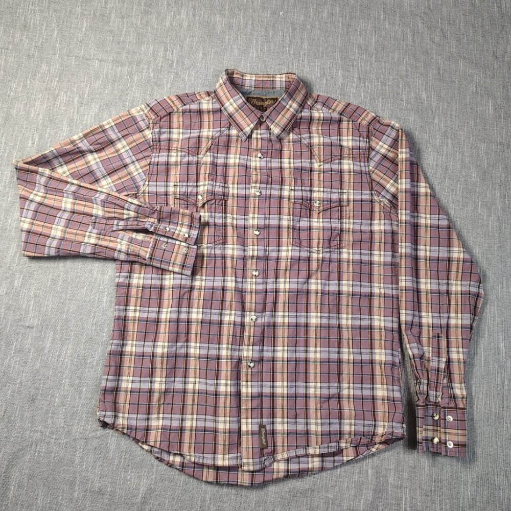 Wrangler Retro Shirt Mens Size Large Purple Plaid LS Pearl Snap Western